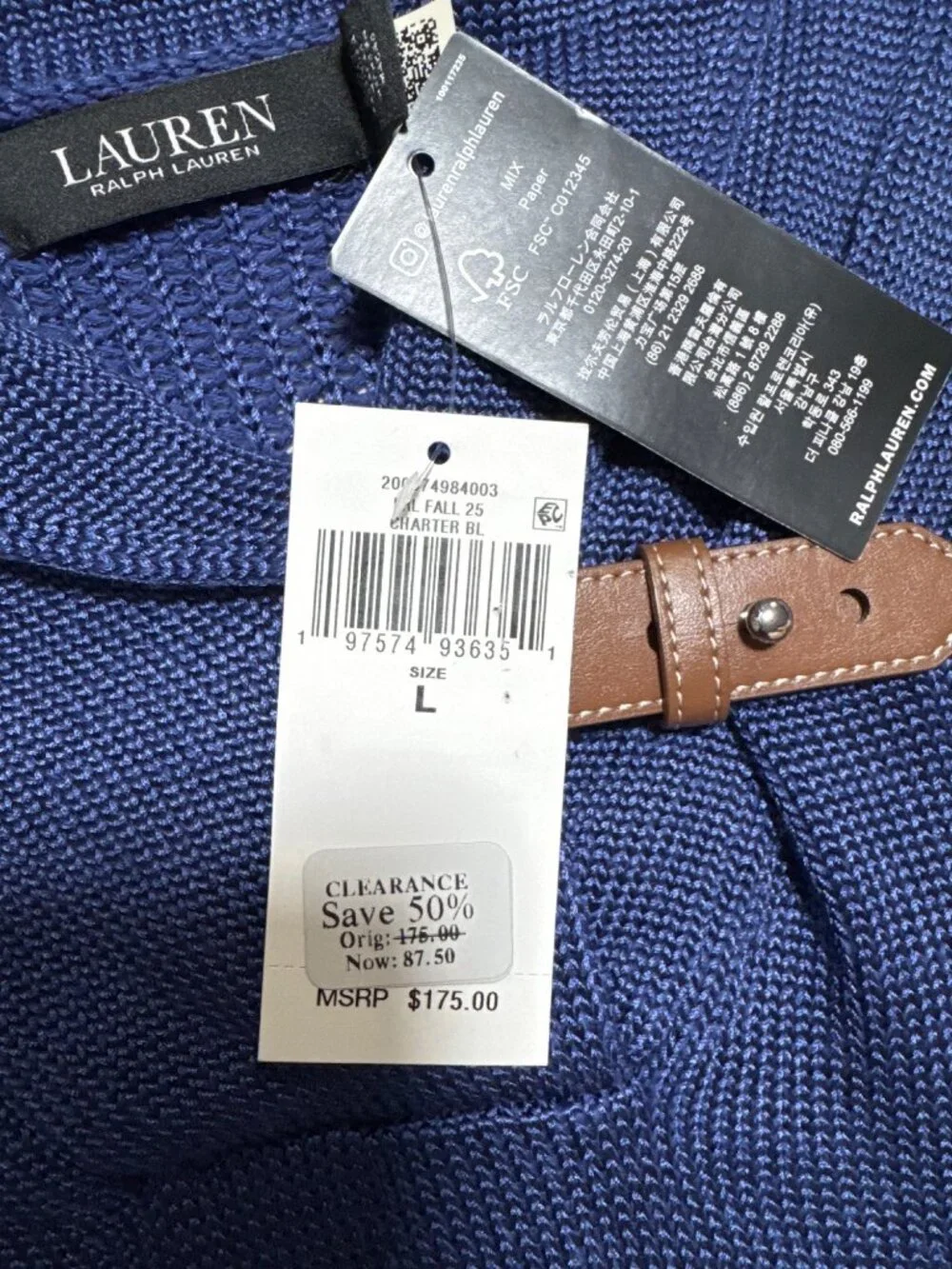 NWT Lauren Ralph Lauren Buckle-Trim Cotton-Blend Sweater Charter Blu Size Large